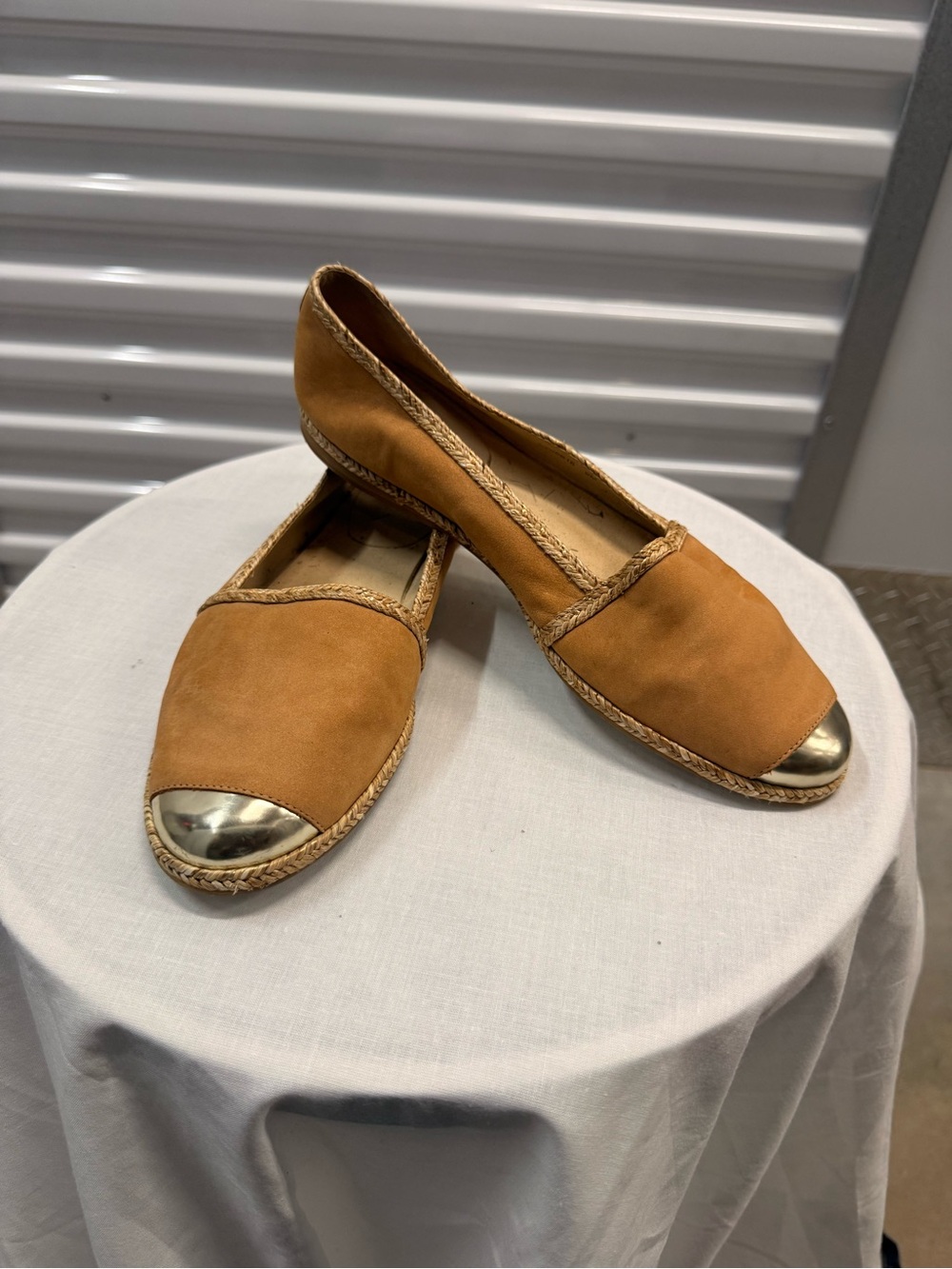 Stuart Weitzman Tan Suede Flats with Gold Toe Cap